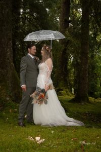 Man and woman standing under an umbrella