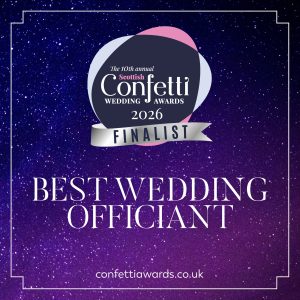 Badge for the scottish confetti wedding awards with the words finalist in the category of best wedding officiant