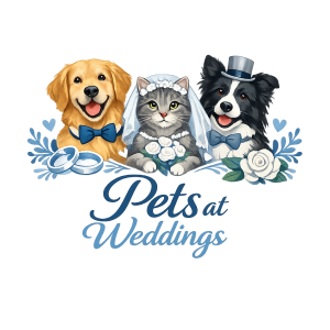 image of two dogs and a cat dressed in wedding outfits with the words pets at weddings underneath