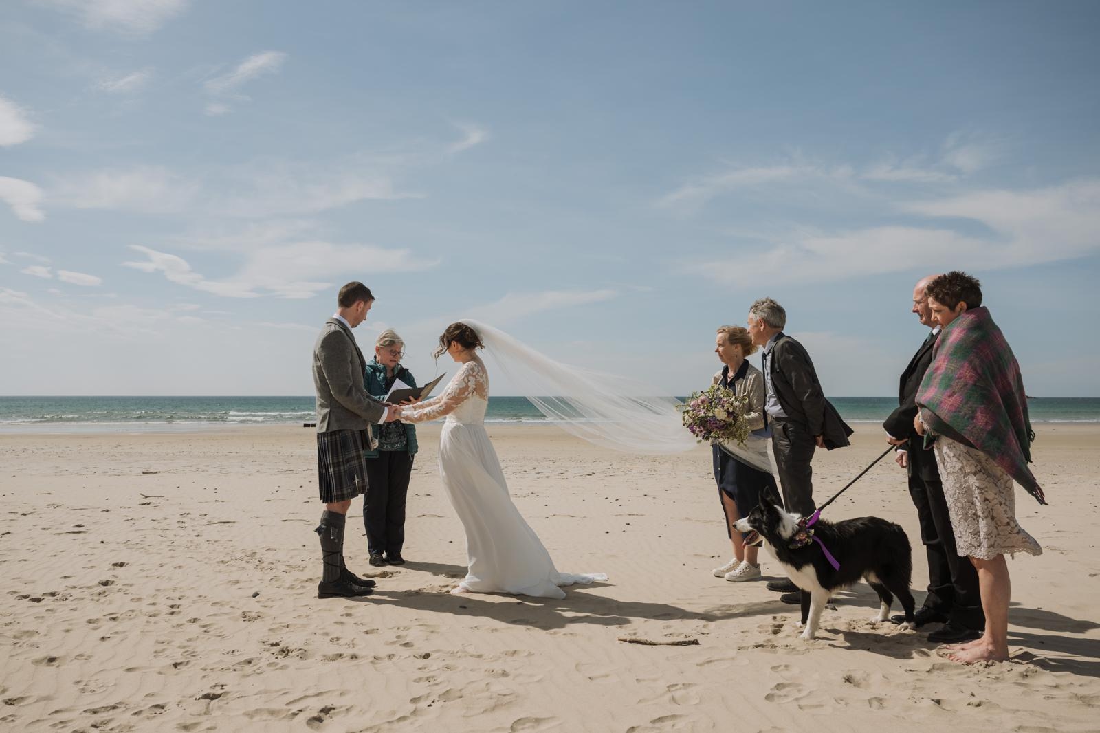 6 people on a beach with a dog for a wedding