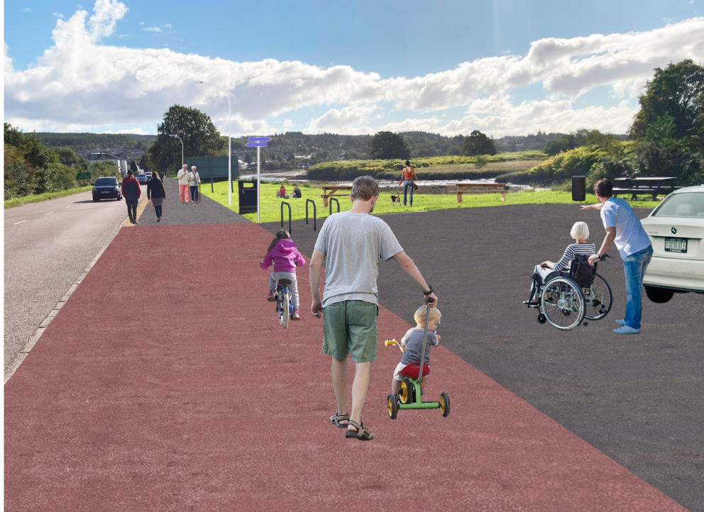 Image shows the proposed active travel route with different users. They include a male pushing his child on a balance bike, a cyclist and a lady pushing a wheelchair user. 