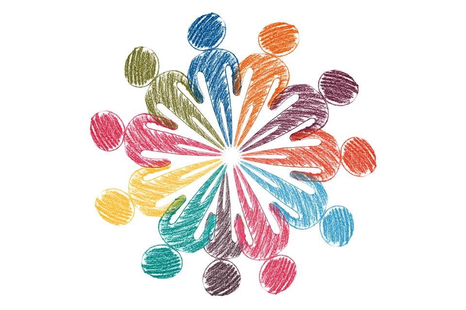 A graphic shows a circle of multicolored figures  
