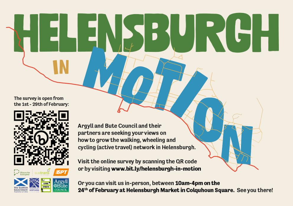 Image is a flyer with the words Helensburgh in Motion. There is a QR code at the bottom left of the image to scan that links to the consultation webpage