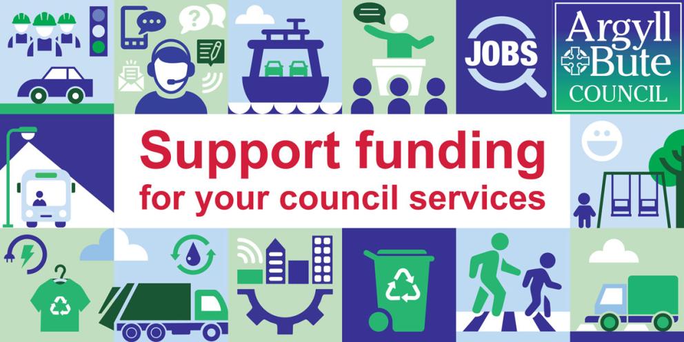 Graphic showing illustrations of council services surrounding the words 'support funding for your council services'