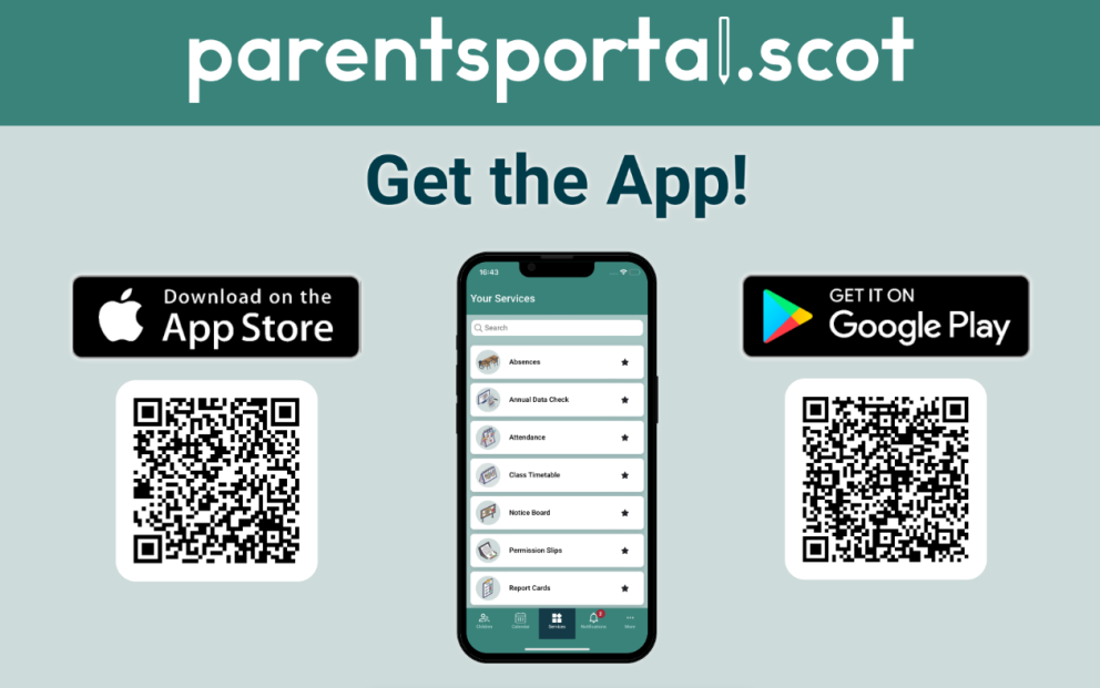 Image is a graphic of a mobile phone with a QR code on how to download the app