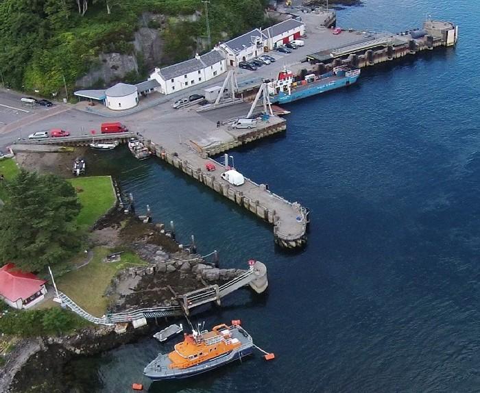 Image shows an aerial view of Port Askaig, Islay