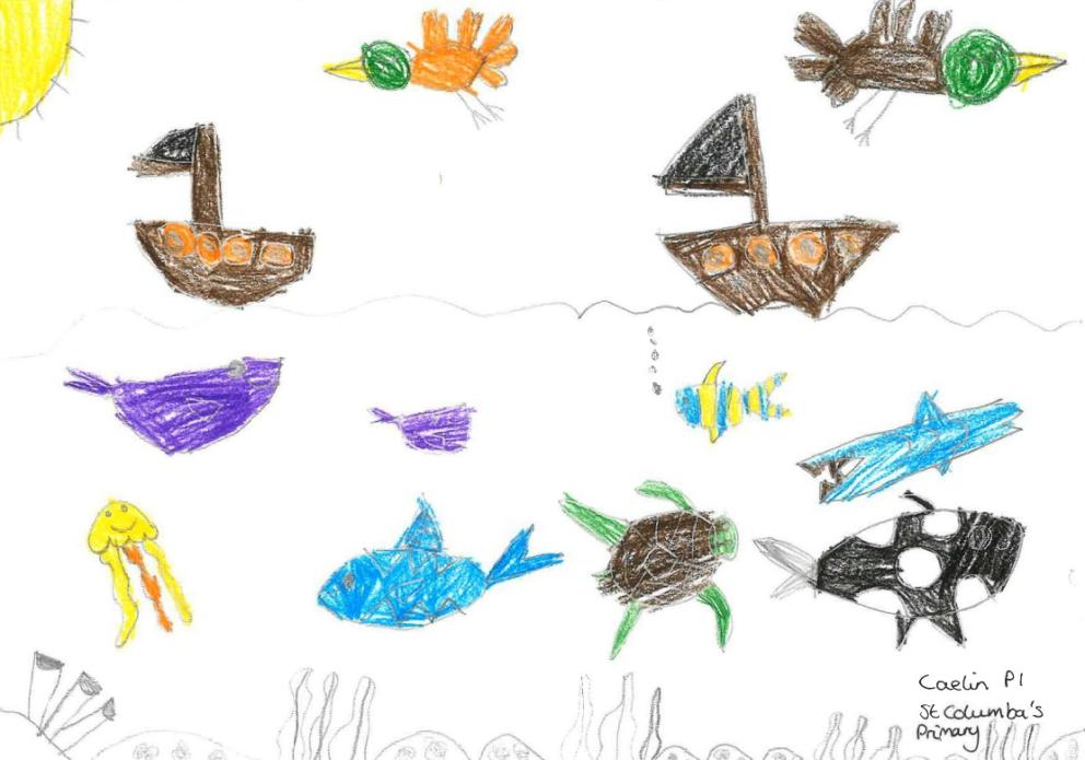 Image shows a ship sailing on the sea with lots of sea creatures below the water