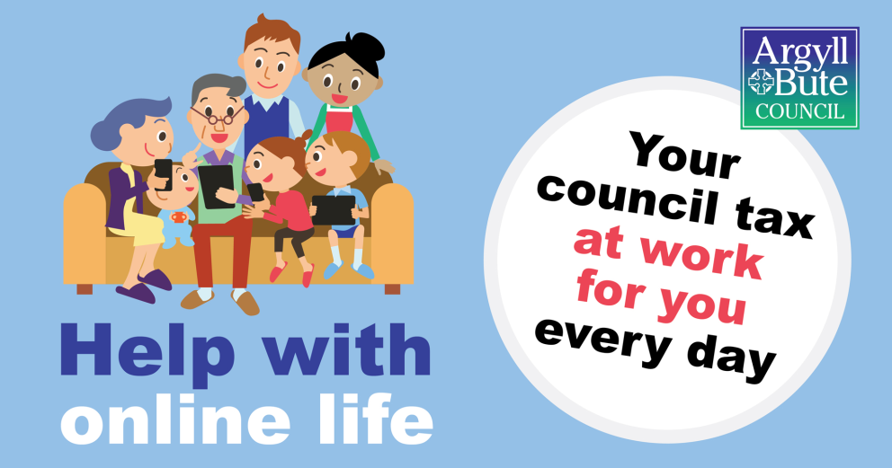 a cartoon family sitting on a sofa looking a various digital devices