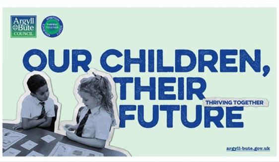 Image shows two school children at a desk talking to each other with the words our children their future next to them 