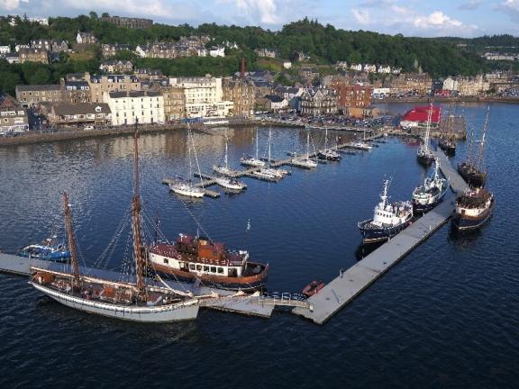 Oban North Pier and pontoons aerial view