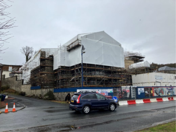 View of building covered with scaffolding from Argyle Street