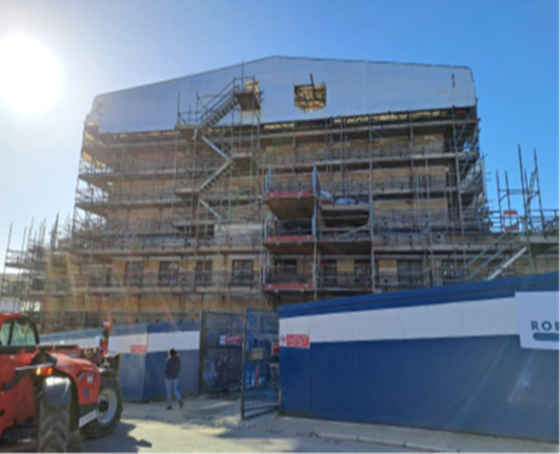 Rothesay Pavilion - Roof 3 (Flytower): North Elevation (Mackinlay St) temporary roof protection in situ