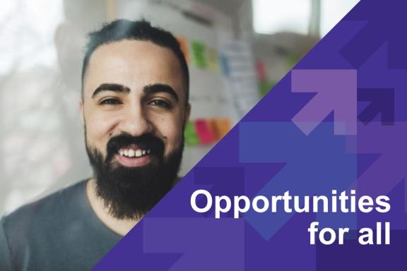 Man working in a school - text "Opportunities for all"