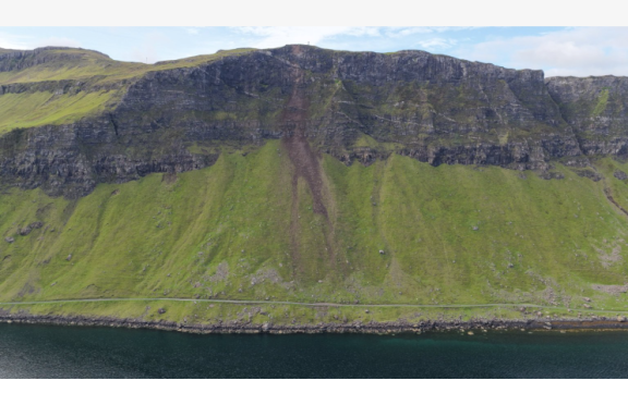 Photo taken by drone of the hillside where rock fall occurred