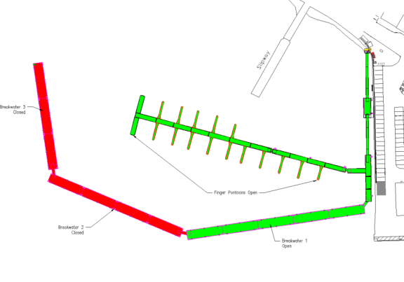 Diagramme showing parts of North Pier pontoons currently open