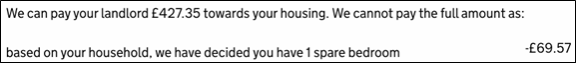 Under-occupancy Universal Credit statement example - showing a deduction of £69.57 being taken from a rent payment of £427.35 due to household size