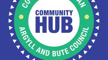 Image shows a green outer circle on a blue background with a white centre with the words community hub