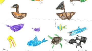 Image shows a ship sailing on the sea with lots of sea creatures below the water