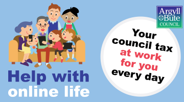a cartoon family sitting on a sofa looking a various digital devices