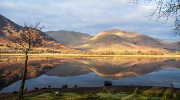Image shows reflection in the water of the Loch Awe 