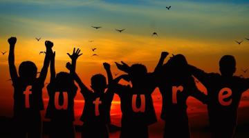 Group of children and word future