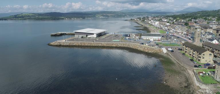 An aerial view of the Helensburgh Waterfront including the new leisure centre and car park