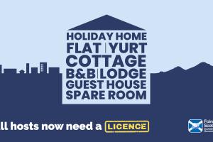 Image shows a graphic with examples of accomodation that requires a licence. These include guest rooms, cottages and holiday homes. To the bottom of the graphic, the text says , all hosts now need a licence 