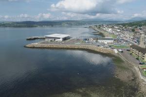 An aerial view of the Helensburgh Waterfront including the new leisure centre and car park