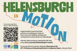 Flyer with the words Helensburgh in Motion. There is a QR code at the bottom left of the image to scan that links to the consultation webpage
