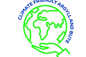 Hand holding a globe with text reading climate friendly Argyll and Bute