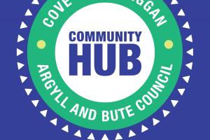 Image shows a green outer circle on a blue background with a white centre with the words community hub