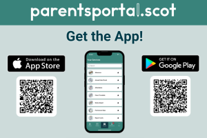 Image is a graphic of a mobile phone with a QR code on how to download the app