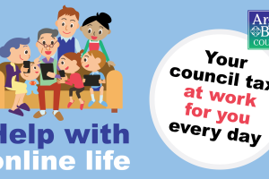 a cartoon family sitting on a sofa looking a various digital devices