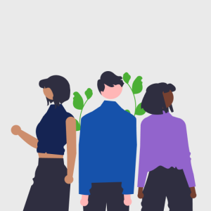 Sketched image with 3 people of mixed gender and race, with dark hair and blue and purple tops