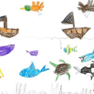 Image shows a boat sailing on the water with lots of different sea creatures underneath